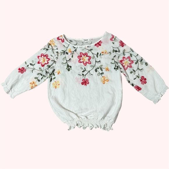 Kindred Petite Tops - Kindred P-Medium White Floral Embroidered Smocked Hem Blouse 3/4‎ Sleeve Boho